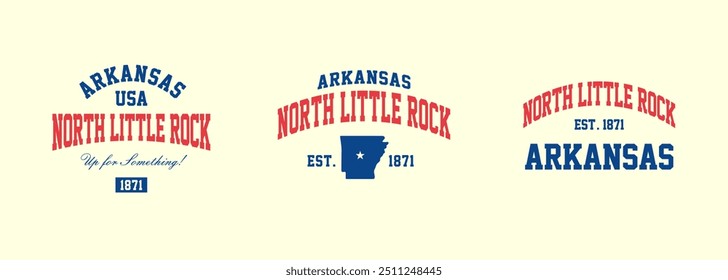 Set t-shirt stamps graphic, Arkansas travel wear typography emblem North Little Rock vintage tee print, sport apparel design shirt graphic print