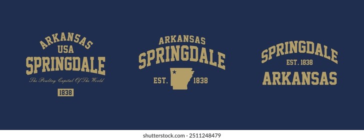 Set t-shirt stamps graphic, Arkansas travel wear typography emblem Springdale vintage tee print, sport apparel design shirt graphic print