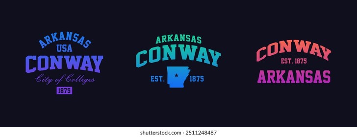 Set t-shirt stamps graphic, Arkansas travel wear typography emblem Conway vintage tee print, sport apparel design shirt graphic print