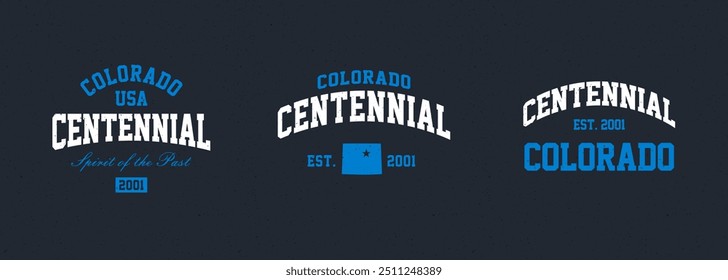 Conjunto de sellos gráficos de camisetas, emblema de tipografía de ropa de viaje de Colorado, impresión de camiseta vintage del centenario, impresión gráfica de camiseta de diseño de ropa deportiva