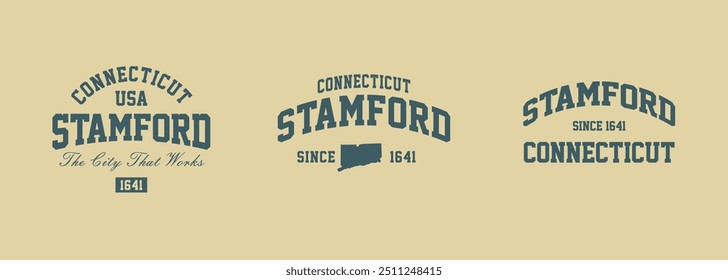 Set t-shirt carimbos gráfico, Connecticut viagem desgaste tipografia emblema Stamford vintage tee print, esporte vestuário design camisa impressão gráfica