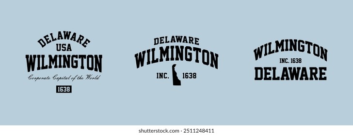 Set t-shirt carimbos gráfico, Delaware viagem desgaste tipografia emblema Wilmington vintage tee print, esporte vestuário design camisa impressão gráfica