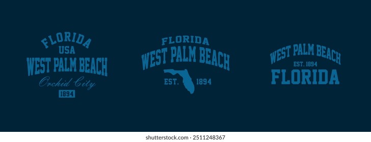 Set t-shirt stamps graphic, Florida travel wear typography emblem West Palm Beach vintage tee print, sport apparel design shirt graphic print