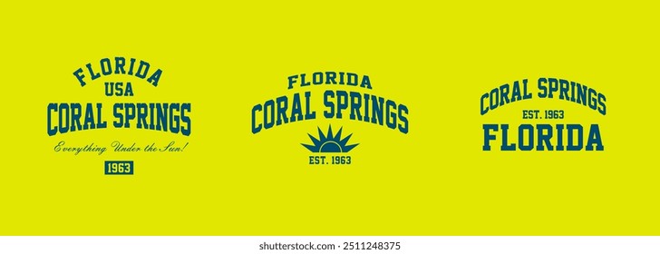 Conjunto de sellos gráficos de camisetas, emblema de tipografía de ropa de viaje de Florida, impresión de camiseta vintage de Coral Springs, impresión gráfica de camiseta de diseño de ropa deportiva