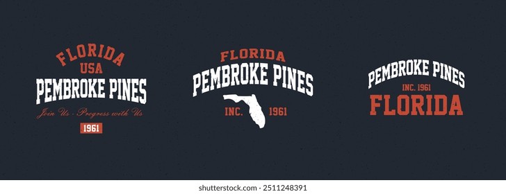 Set t-shirt stamps graphic, Florida travel wear typography emblem Pembroke Pines vintage tee print, sport apparel design shirt graphic print