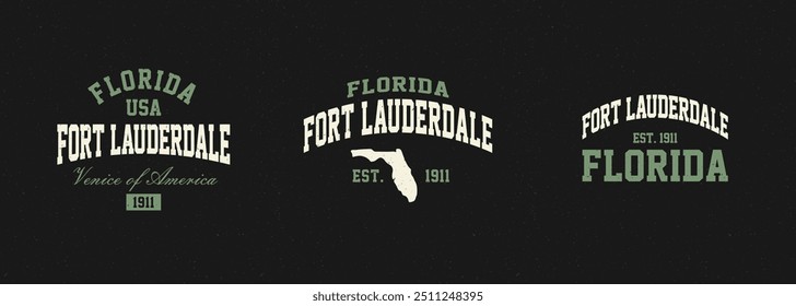 Conjunto de sellos gráficos de camisetas, emblema de tipografía de ropa de viaje de Florida, impresión de camiseta vintage de Fort Lauderdale, impresión gráfica de camiseta de diseño de ropa deportiva