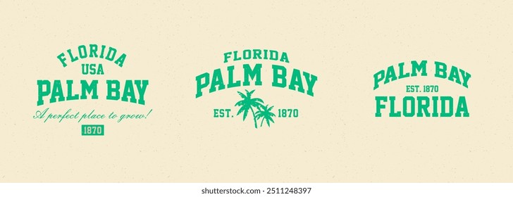 Conjunto de sellos gráficos de camisetas, emblema de tipografía de ropa de viaje de Florida, impresión de camiseta vintage de Palm Bay, impresión gráfica de camiseta de diseño de ropa deportiva