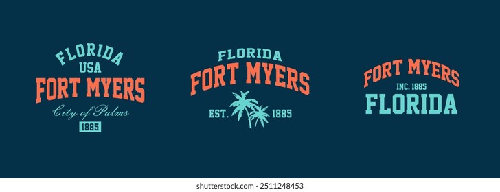 Conjunto de sellos gráficos de camisetas, emblema de tipografía de ropa de viaje de Florida, impresión de camiseta vintage de Fort Myers, impresión gráfica de camiseta de diseño de ropa deportiva