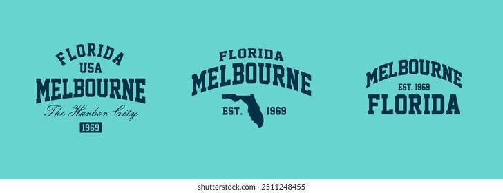 Set t-shirt stamps graphic, Florida travel wear typography emblem Melbourne vintage tee print, sport apparel design shirt graphic print