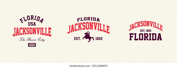 Set t-shirt stamps graphic, Florida travel wear typography emblem Jacksonville vintage tee print, sport apparel design shirt graphic print