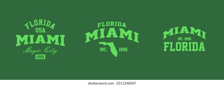 Set t-shirt stamps graphic, Florida travel wear typography emblem Miami vintage tee print, sport apparel design shirt graphic print