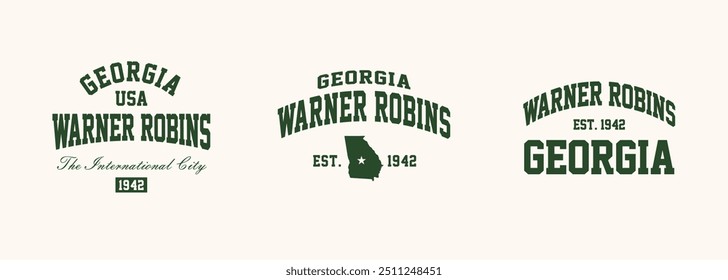 Set t-shirt stamps graphic, Georgia travel wear typography emblem Warner Robins vintage tee print, sport apparel design shirt graphic print