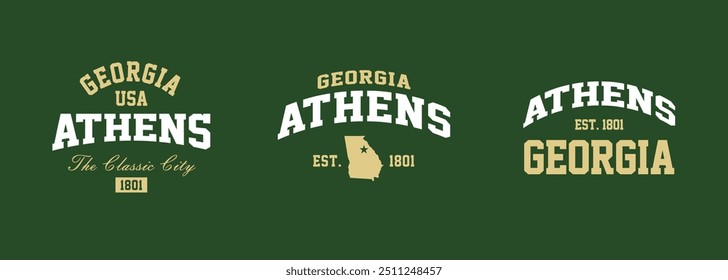 Set t-shirt stamps graphic, Georgia travel wear typography emblem Athens vintage tee print, sport apparel design shirt graphic print