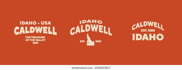 Set t-shirt stamps graphic, Idaho travel wear typography emblem Caldwell vintage print