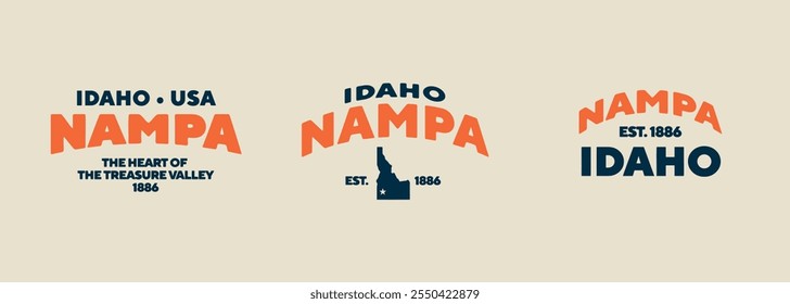 Set t-shirt stamps graphic, Idaho travel wear typography emblem Nampa vintage print