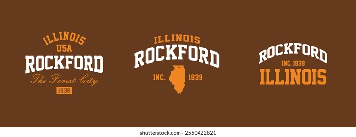 Set t-shirt stamps graphic, Illinois travel wear typography emblem Rockford vintage print