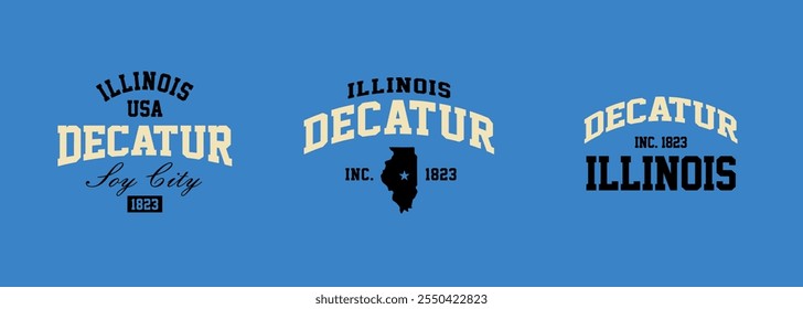 Set t-shirt stamps graphic, Illinois travel wear typography emblem Decatur vintage print