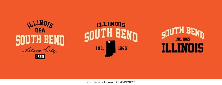 Set t-shirt stamps graphic, Illinois travel wear typography emblem South Bend vintage print