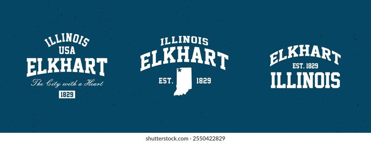 Set t-shirt stamps graphic, Illinois travel wear typography emblem Elkhart vintage print