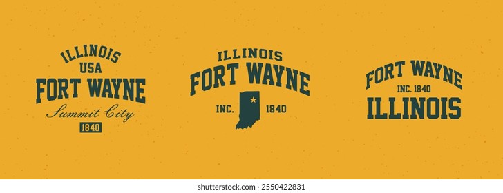 Set t-shirt stamps graphic, Illinois travel wear typography emblem Fort Wayne vintage print