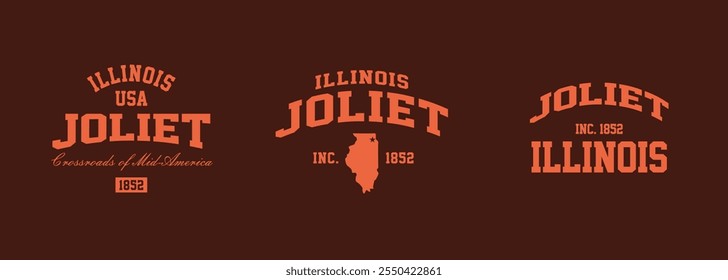 Set t-shirt stamps graphic, Illinois travel wear typography emblem Joliet vintage print