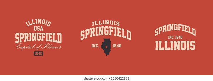 Set t-shirt stamps graphic, Illinois travel wear typography emblem Springfield vintage print