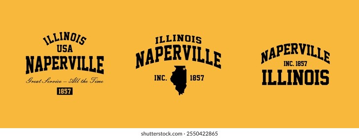 Set t-shirt stamps graphic, Illinois travel wear typography emblem Naperville vintage print