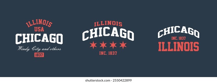 Set T-Shirt Briefmarken Grafik, Illinois Travel Wear Typografie Emblem Chicago Vintage Print