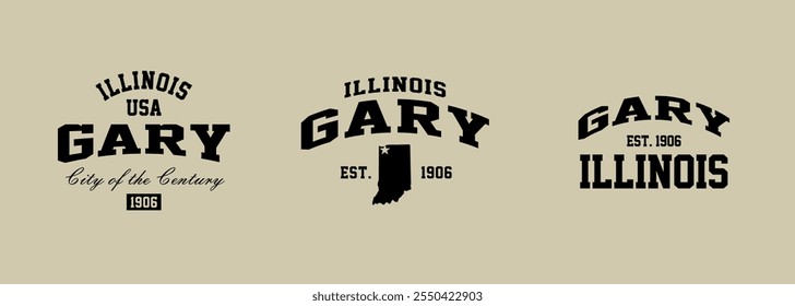 Set t-shirt stamps graphic, Illinois travel wear typography emblem Gary vintage print