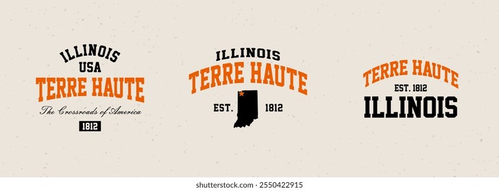 Set t-shirt stamps graphic, Illinois travel wear typography emblem Terre Haute vintage print