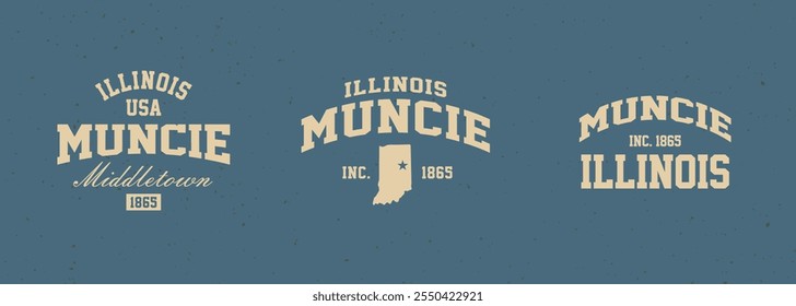 Set t-shirt stamps graphic, Illinois travel wear typography emblem Muncie vintage print