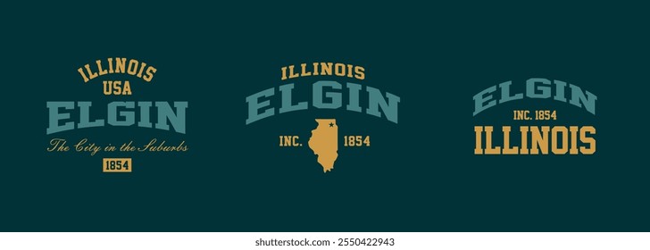 Set t-shirt stamps graphic, Illinois travel wear typography emblem Elgin vintage print