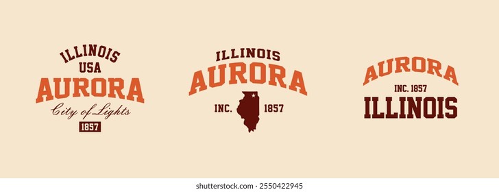 Set t-shirt stamps graphic, Illinois travel wear typography emblem Aurora vintage print