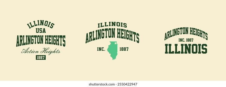 Set t-shirt stamps graphic, Illinois travel wear typography emblem Arlington Heights vintage print