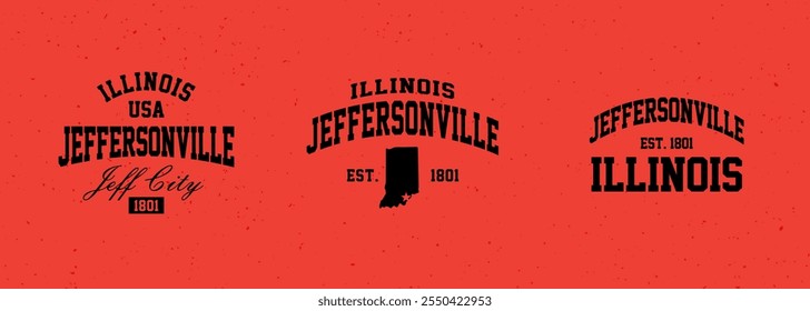 Set t-shirt stamps graphic, Illinois travel wear typography emblem Jeffersonville vintage print