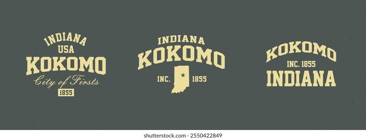 Set t-shirt stamps graphic, Indiana travel wear typography emblem Kokomo vintage print