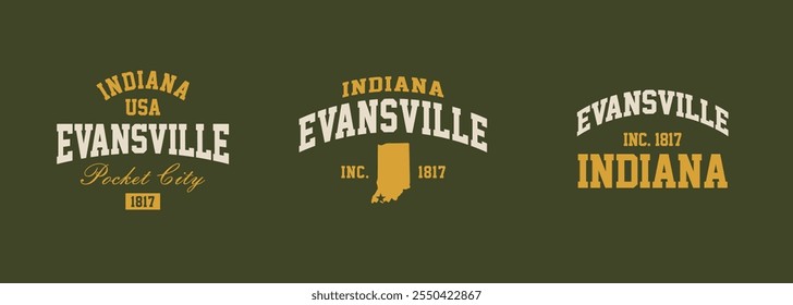 Set t-shirt stamps graphic, Indiana travel wear typography emblem Evansville vintage print