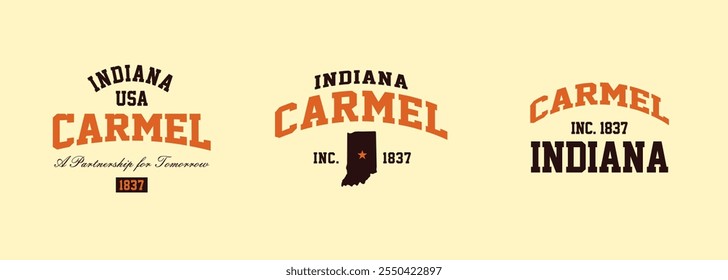 Set t-shirt stamps graphic, Indiana travel wear typography emblem Carmel vintage print