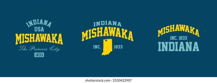 Set t-shirt stamps graphic, Indiana travel wear typography emblem Mishawaka vintage print