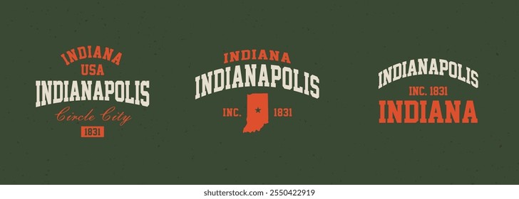 Set t-shirt stamps graphic, Indiana travel wear typography emblem Indianapolis vintage print