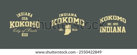 Set t-shirt stamps graphic, Indiana travel wear typography emblem Kokomo vintage print
