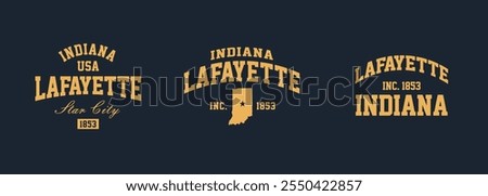 Set t-shirt stamps graphic, Indiana travel wear typography emblem Lafayette vintage print