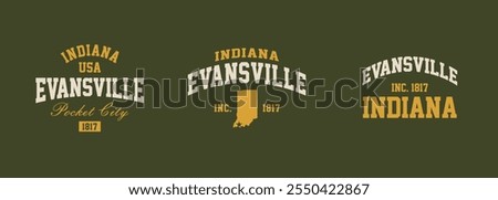 Set t-shirt stamps graphic, Indiana travel wear typography emblem Evansville vintage print