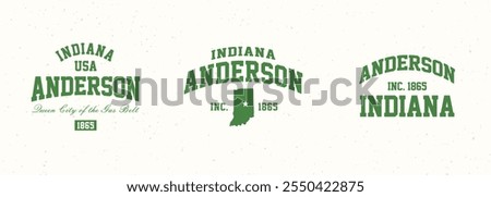 Set t-shirt stamps graphic, Indiana travel wear typography emblem Anderson vintage print