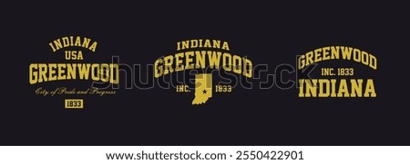 Set t-shirt stamps graphic, Indiana travel wear typography emblem Greenwood vintage print