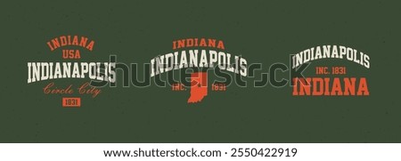 Set t-shirt stamps graphic, Indiana travel wear typography emblem Indianapolis vintage print