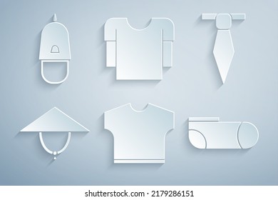 Set T-shirt, Tie, Asian conical hat, Sport socks, Long sleeve and Police cap with cockade icon. Vector