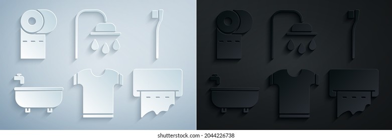 Set T-shirt, Toothbrush, Bathtub, Paper Towel Dispenser On Wall, Shower Head And Toilet Paper Roll Icon. Vector