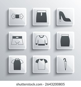 Set T-shirt, Umbrella, Skirt, Sweater, Polo, Men underpants, Bow tie and Woman shoe icon. Vector