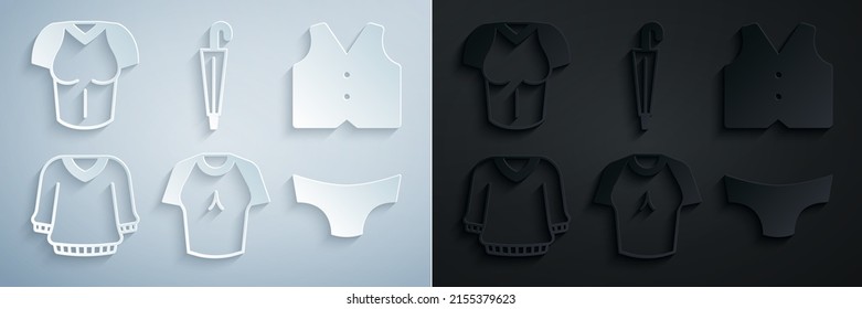 Set T-shirt, Waistcoat, Sweater, Men underpants, Umbrella and  icon. Vector
